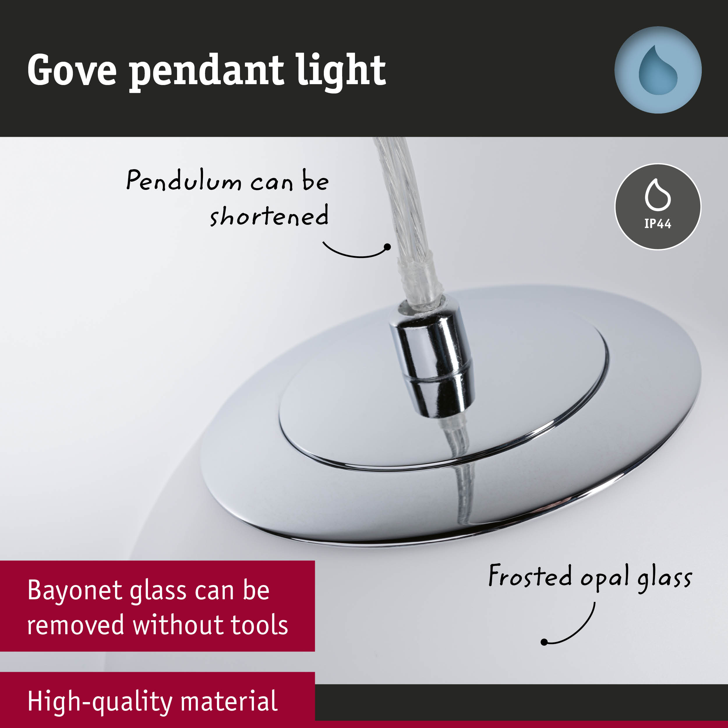 Gove pendant light with chrome metal and frosted opal glass, IP44 rated for bathroom lighting
