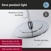 Gove pendant light with chrome metal and frosted opal glass, IP44 rated for bathroom lighting