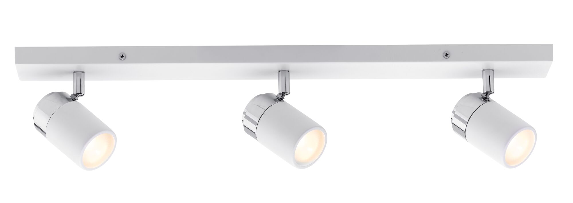 Three-light white LED ceiling spotlight with chrome accents for modern room lighting