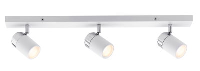 Three-light white LED ceiling spotlight with chrome accents for modern room lighting