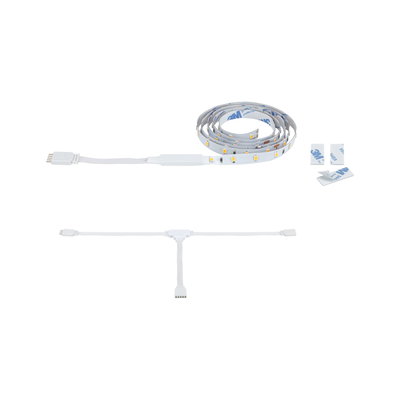 White LED strip light with connector cable and adhesive strips for versatile lighting setups