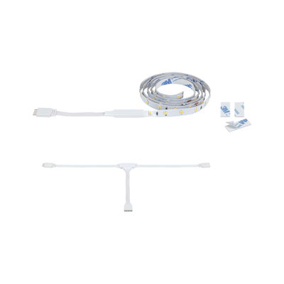 White LED strip light with connector cable and adhesive strips for versatile lighting setups