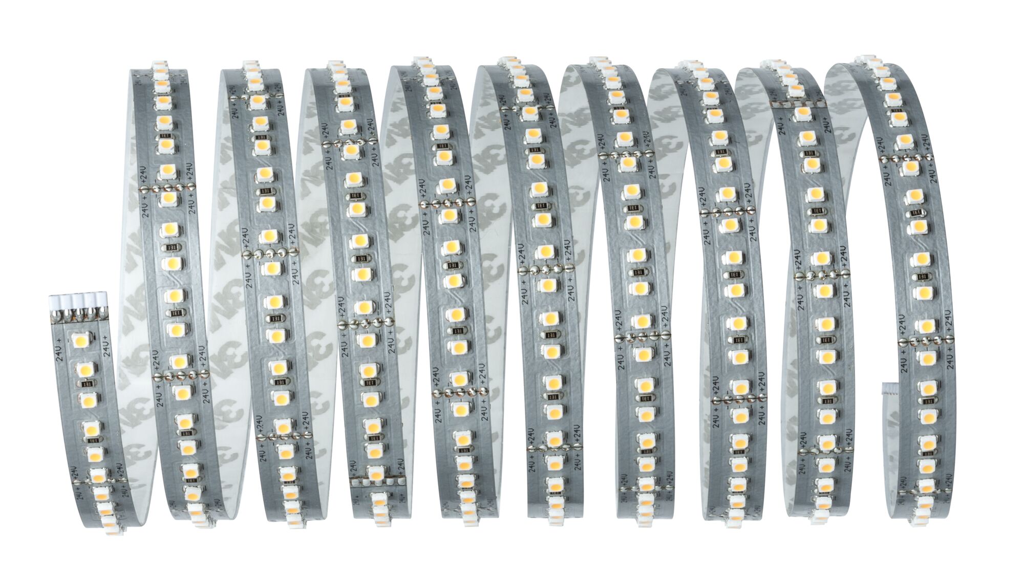 Flexible LED strip with warm white diodes on silver board for modern lighting solutions