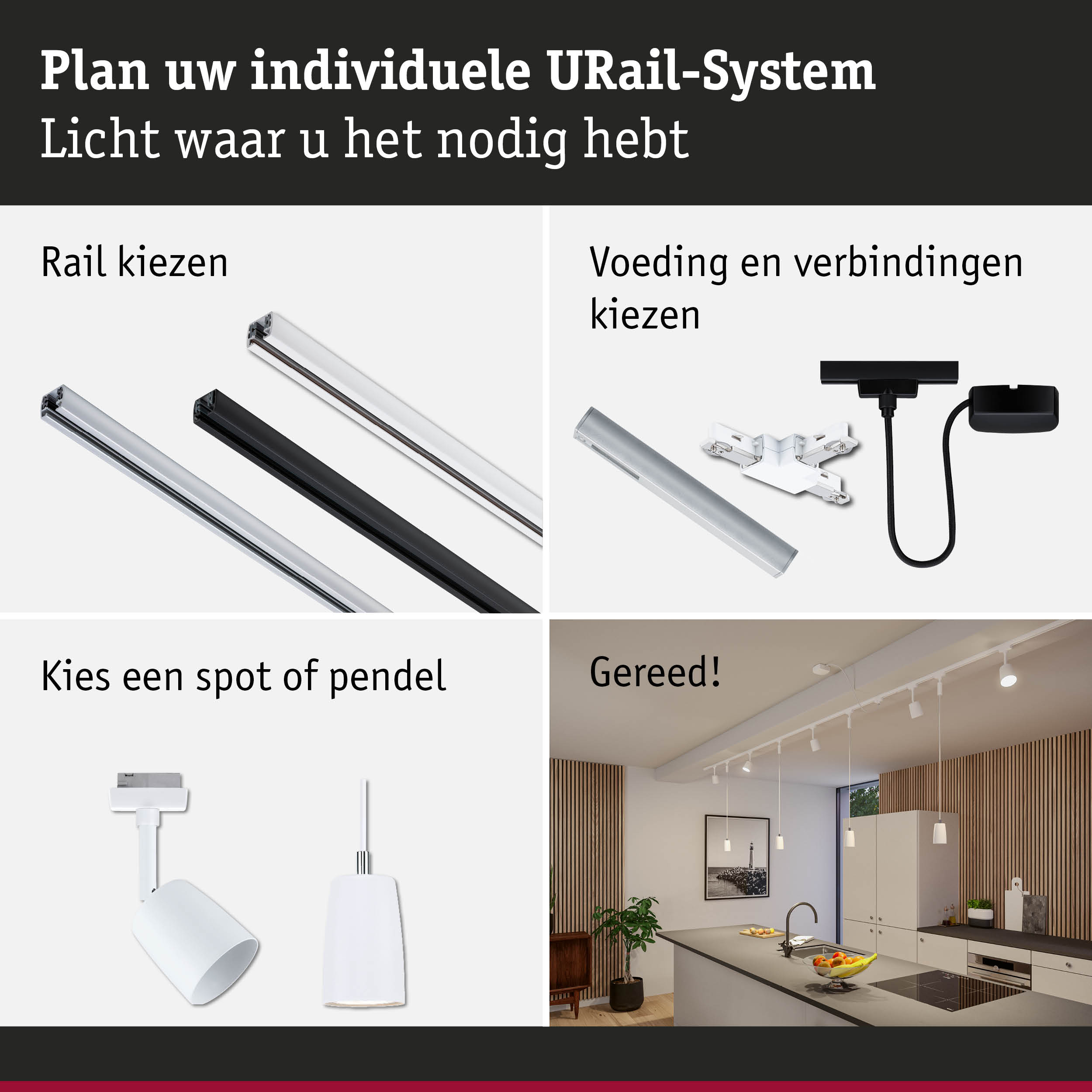 Modulair URail-systeem met witte en zwarte rails, verbindingsstukken en lampen voor flexibele verlichting