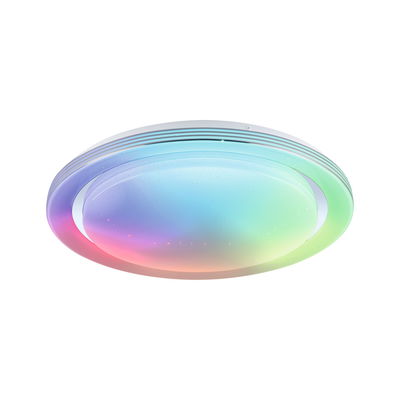 Round LED ceiling light with multicolor gradient and white frame for modern living spaces.
