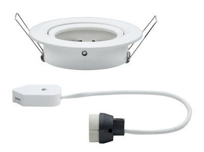 White metal recessed spotlight with spring clips and cable adapter for LED lighting