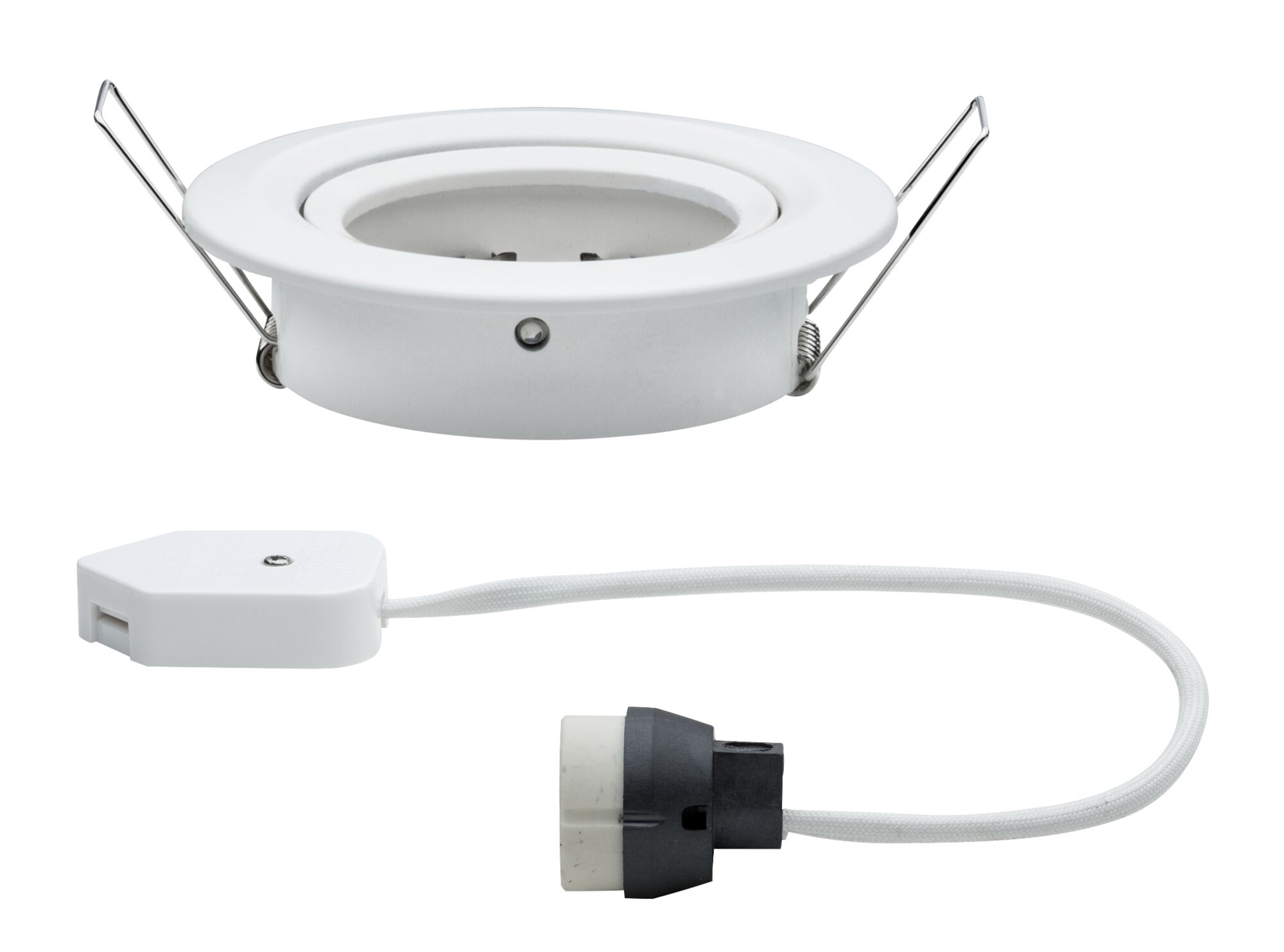 Weißer Einbaustrahler aus Metall mit Federklammern und Kabeladapter für LED-Beleuchtung