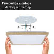 Eenvoudige montage van houten plafondlamp met witte diffuser, LED plafondverlichting
