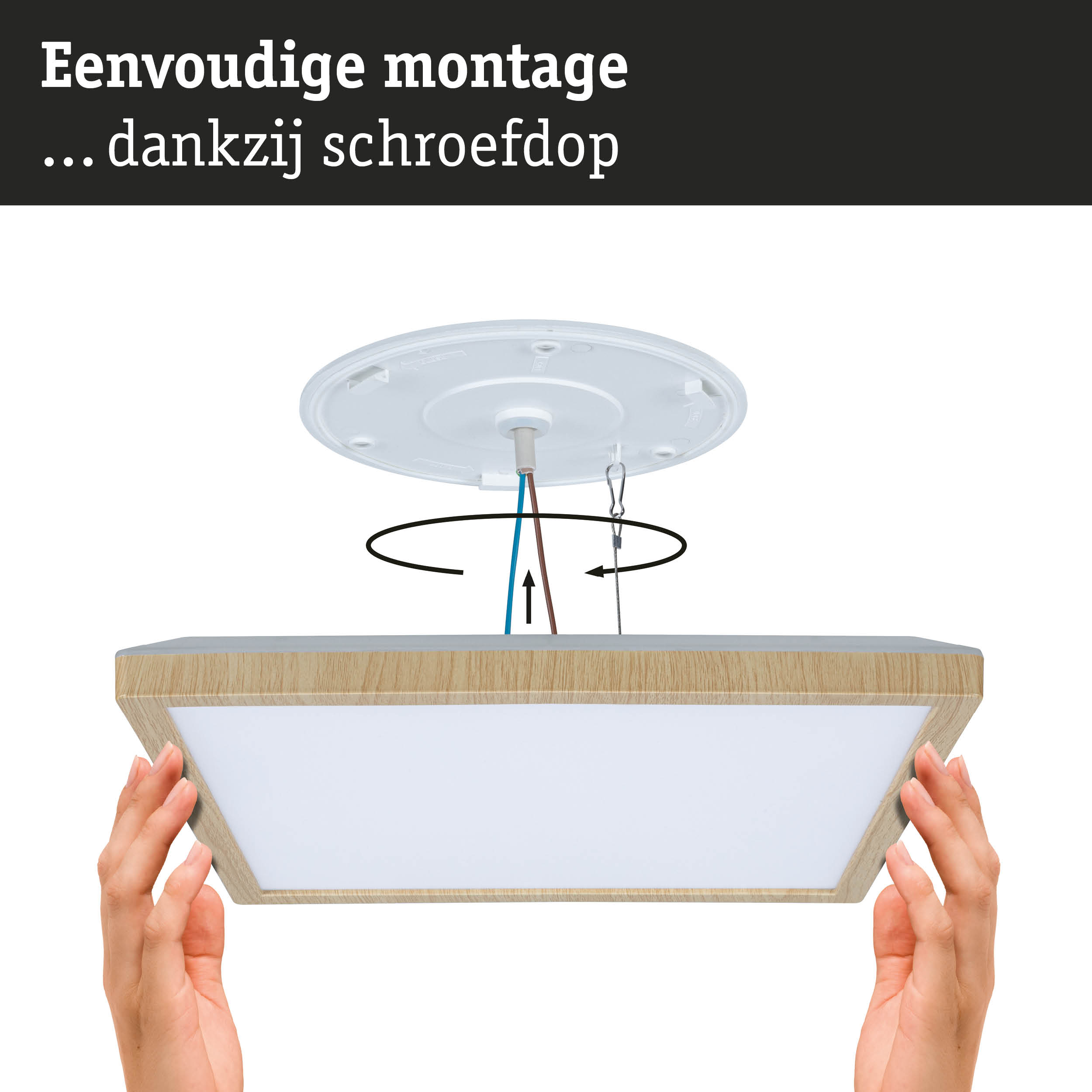 Eenvoudige montage van houten plafondlamp met witte diffuser, LED plafondverlichting