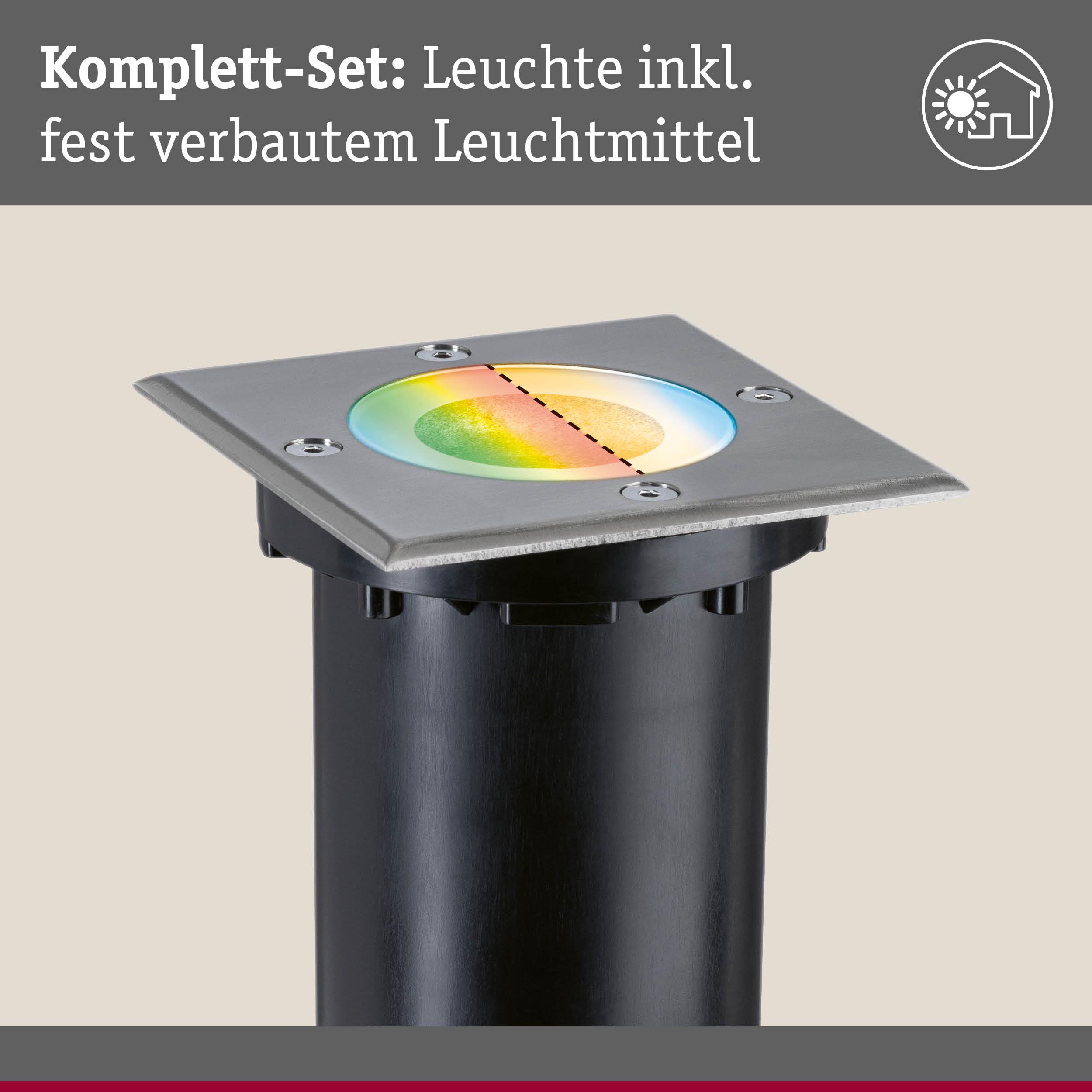 Erdspießleuchte aus schwarzem Metall mit quadratischer Edelstahlabdeckung und integriertem LED-Leuchtmittel