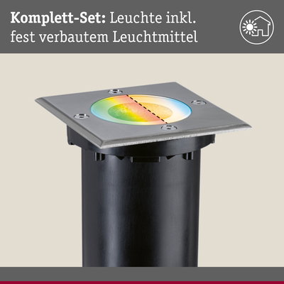 Erdspießleuchte aus schwarzem Metall mit quadratischer Edelstahlabdeckung und integriertem LED-Leuchtmittel