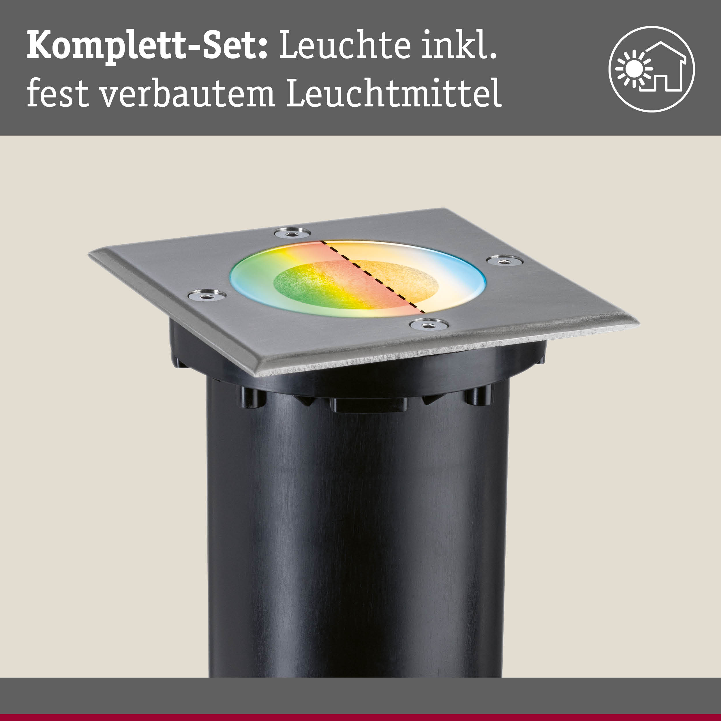Eingebaute LED-Bodenleuchte mit quadratischer Edelstahlabdeckung und farbwechselndem Licht für Außenbereiche