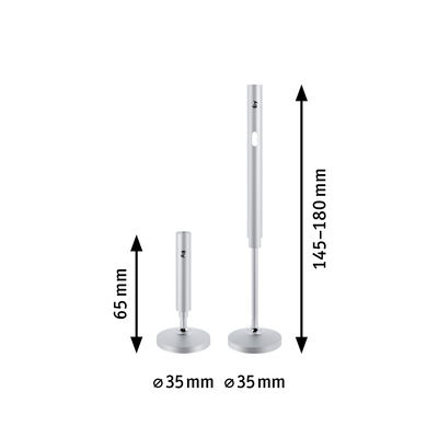 Adjustable silver aluminum rod holders with 35 mm diameter and height measurements for LED lighting.