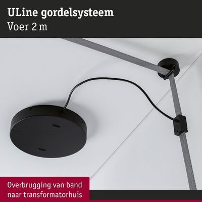 Zwart ULine gordelsysteem met grijze band voor plafondmontage, geschikt voor verlichting en stroom