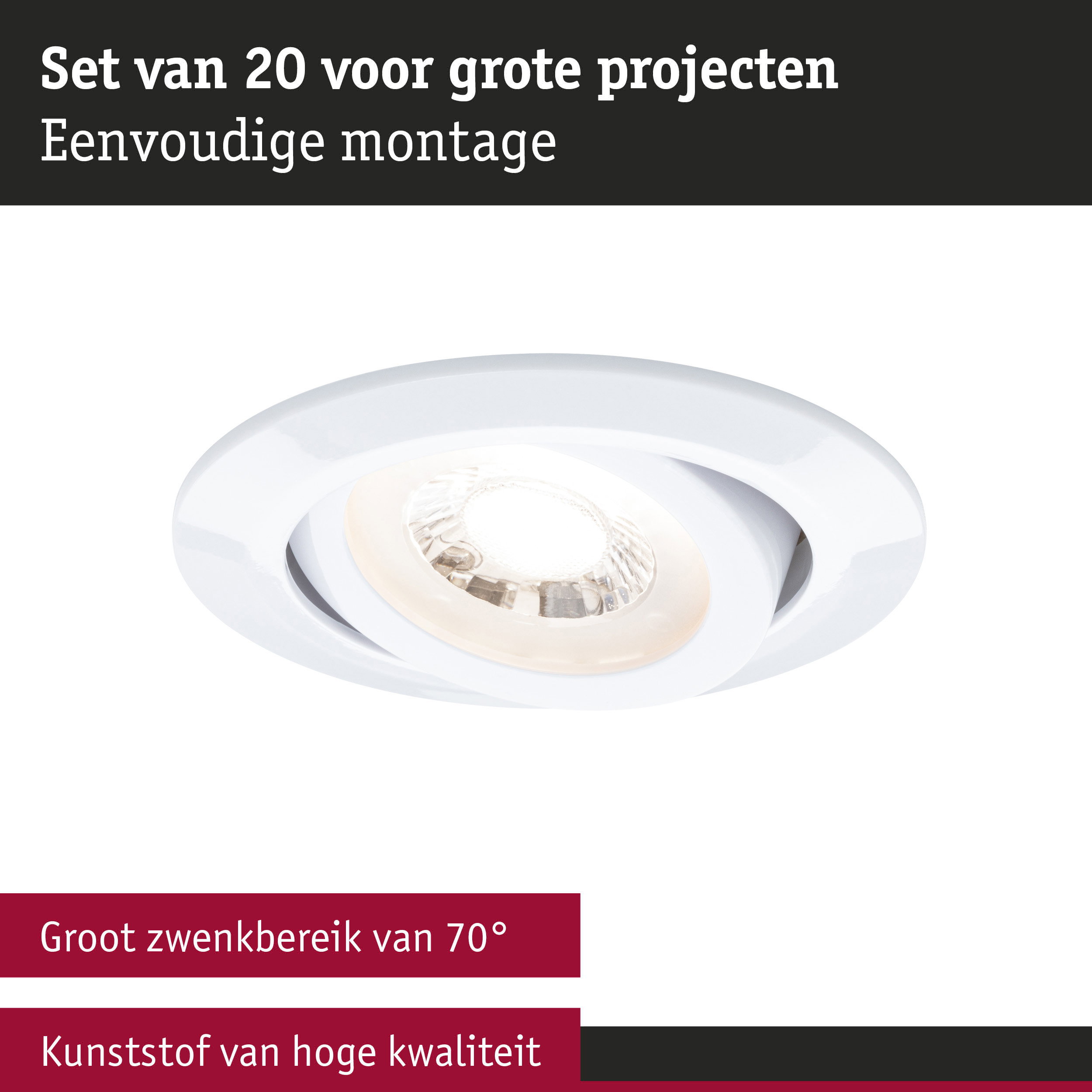 Witte kunststof inbouwspot met 70° zwenkbereik voor grote verlichtingsprojecten