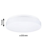 Round white plastic ceiling light with 255 mm diameter and 74 mm height, LED lighting fixture