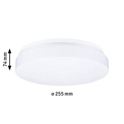 Round white plastic ceiling light with 255 mm diameter and 74 mm height, LED lighting fixture