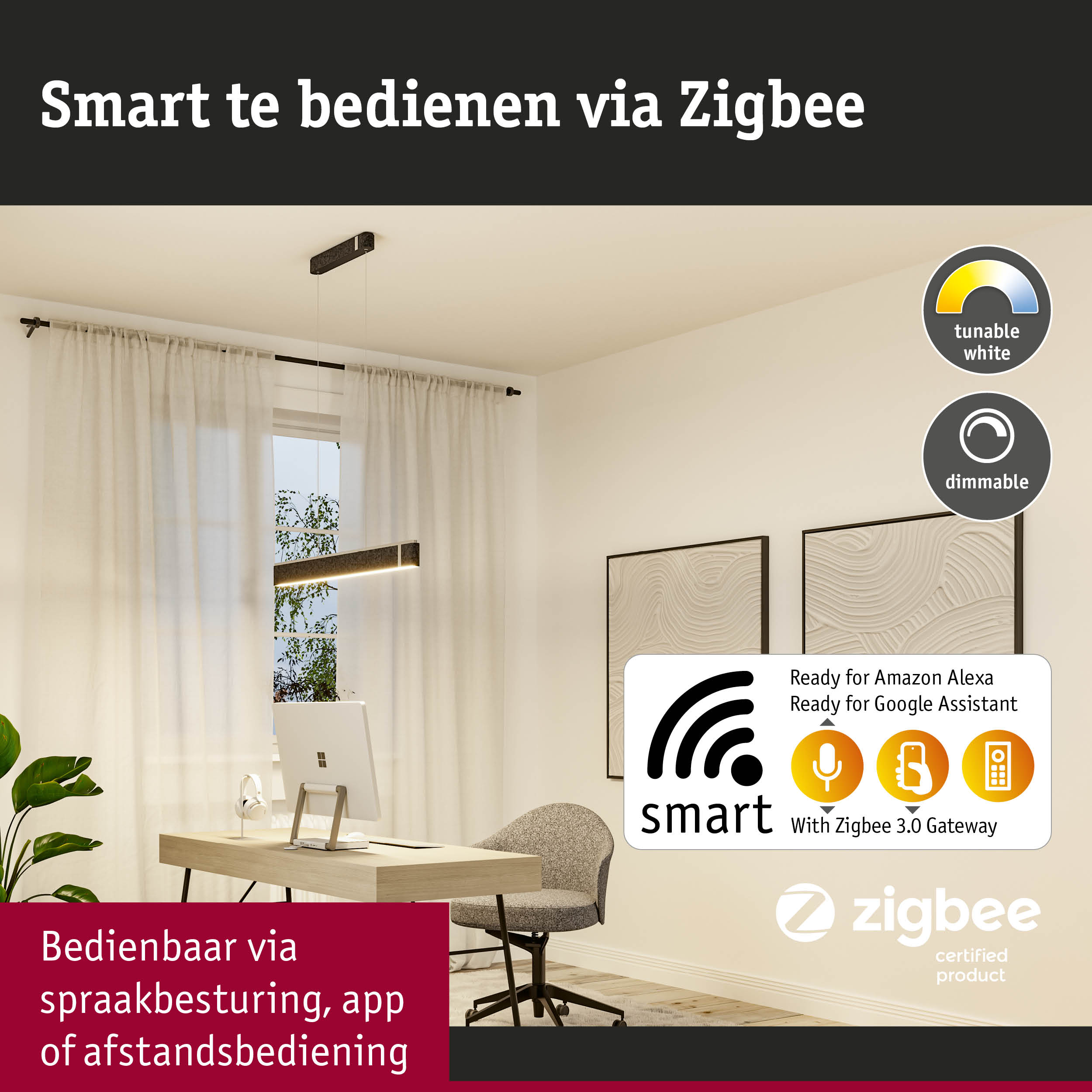 Modern kantoor met zwarte slimme hanglamp, Zigbee compatibel en dimbare LED-verlichting