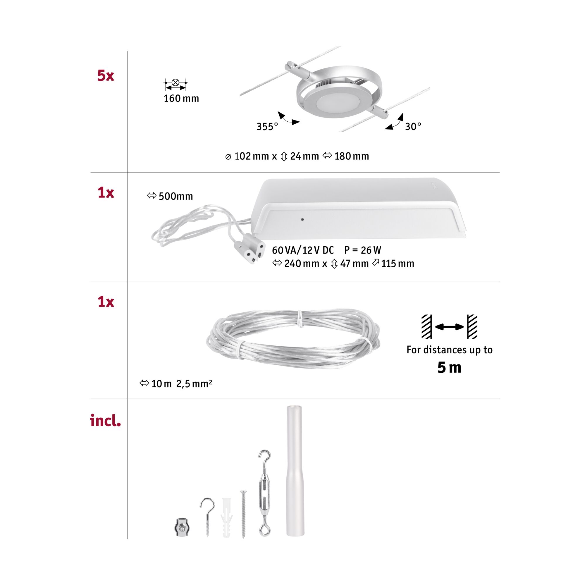 Technical drawing showing five silver LED lights, white power supply, cable, and mounting accessories for lighting system.