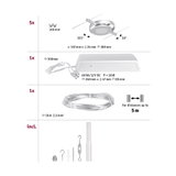 Technische Zeichnung mit fünf silbernen LED-Leuchten, weißem Netzteil, Kabel und Montagematerial für Beleuchtungssystem.