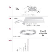 Technical drawing of silver LED cable spot set with dimensions and accessories for lighting systems