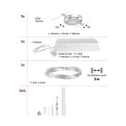 Technische Zeichnung eines silbernen LED-Seilspot-Sets mit Maßen und Zubehör für Beleuchtungssysteme