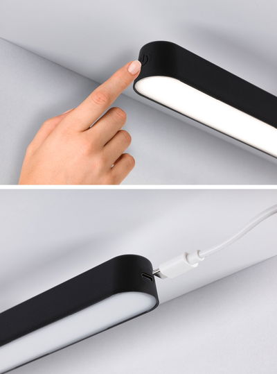 Black LED under-cabinet light with touch switch and USB-C charging port for versatile lighting.