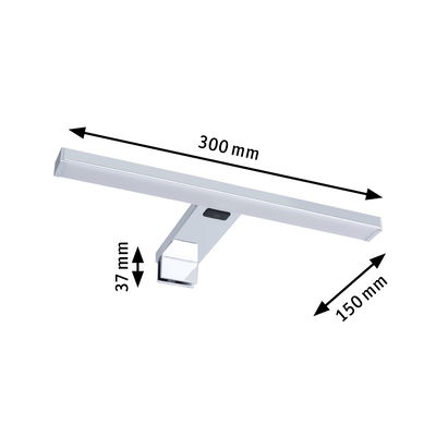 Chrome-colored LED mirror light 300 mm long and 37 mm high for bathroom lighting