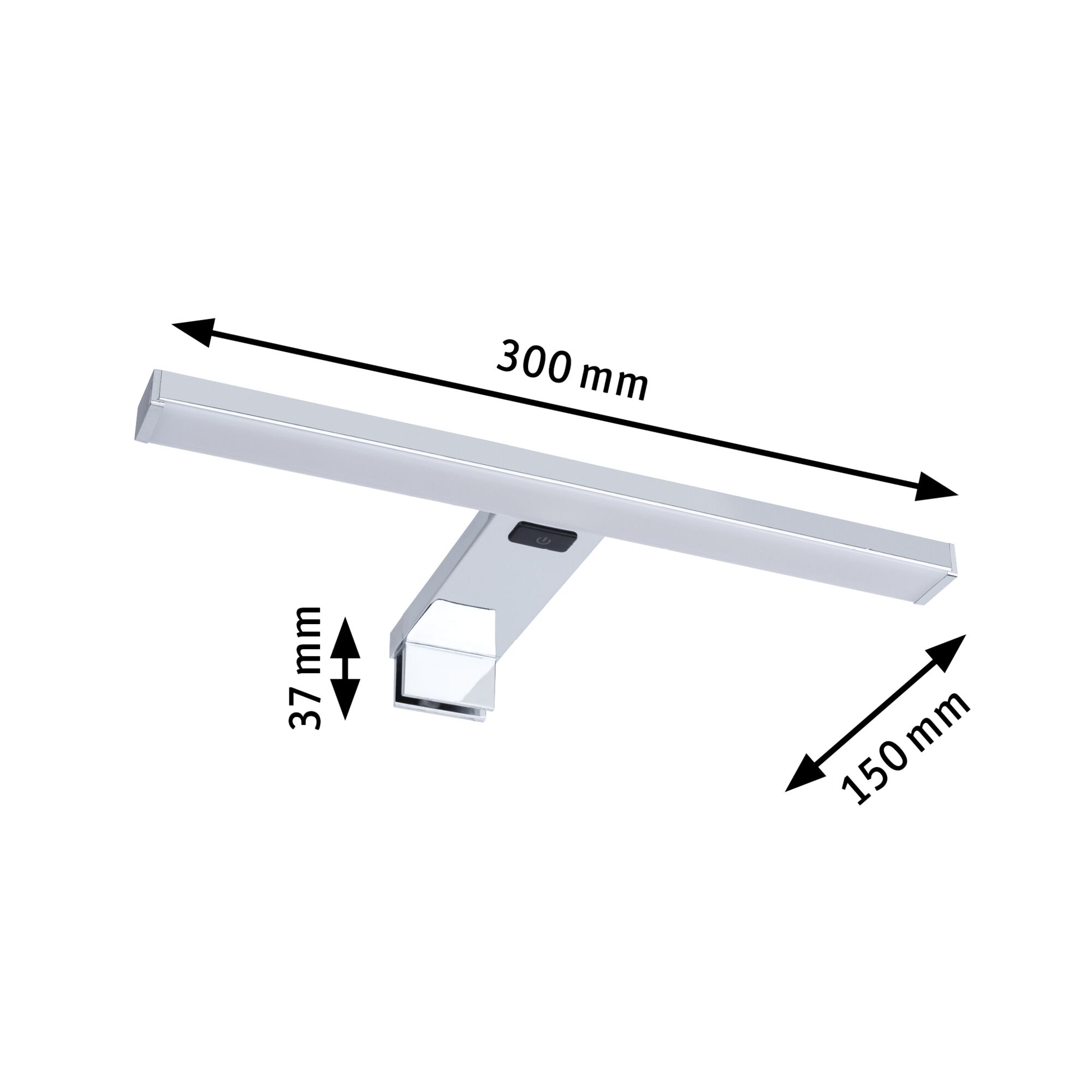 Chromfarbener LED-Spiegelleuchte mit 300 mm Länge und 37 mm Höhe für Badbeleuchtung