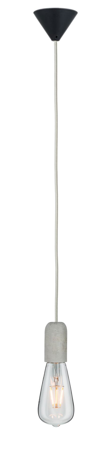 Hanglamp met grijze betonnen fitting en heldere lamp aan witte textielkabel voor moderne verlichting