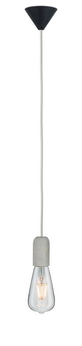 Hanglamp met grijze betonnen fitting en heldere lamp aan witte textielkabel voor moderne verlichting