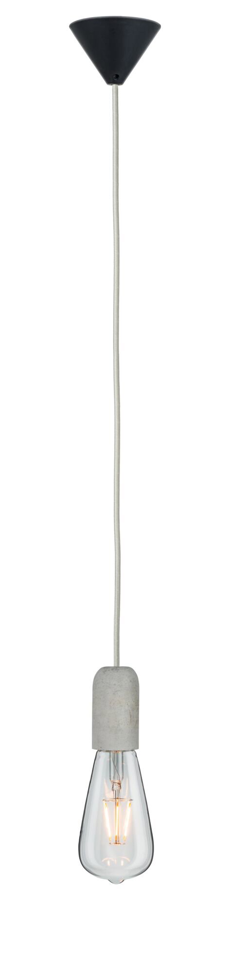 Hanglamp met grijze betonnen fitting en heldere lamp aan witte textielkabel voor moderne verlichting