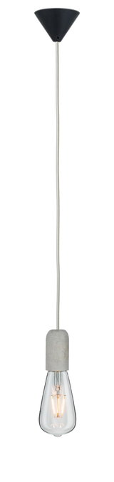 Hanglamp met grijze betonnen fitting en heldere lamp aan witte textielkabel voor moderne verlichting