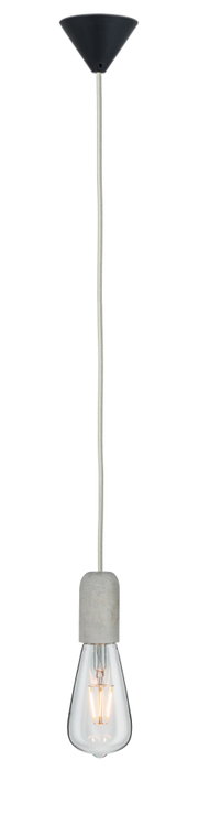 Hanglamp met betonnen houder en heldere lamp, zwarte plafondbevestiging, moderne industriële stijl