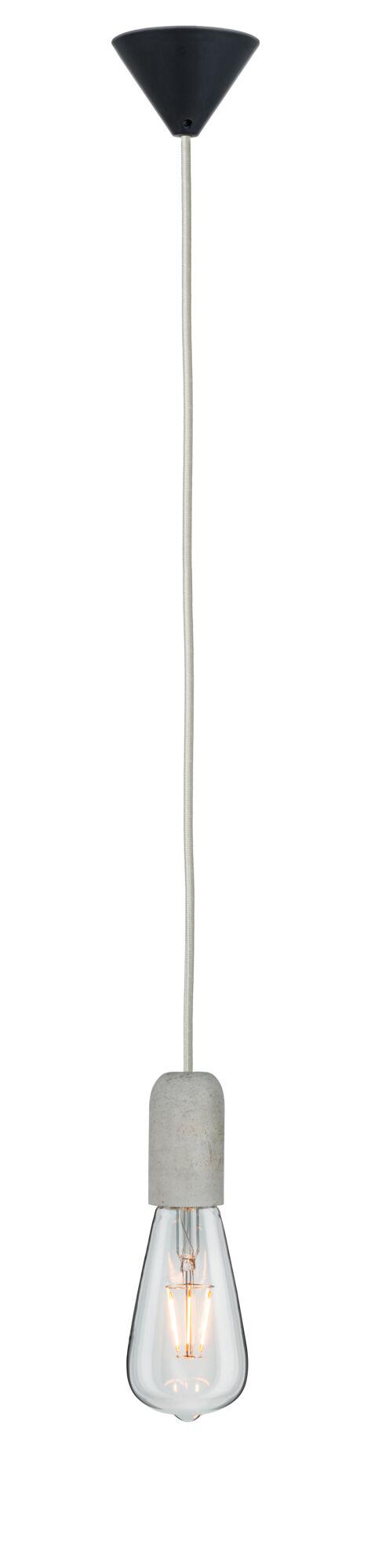 Hanglamp met betonnen houder en heldere lamp, zwarte plafondbevestiging, moderne industriële stijl