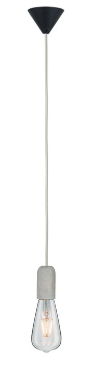 Hanglamp met betonnen houder en heldere lamp, zwarte plafondbevestiging, moderne industriële stijl