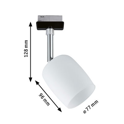 Modern white glass spotlight with chrome rod and black connector, dimensions 128x96x77 mm, LED light