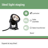 Black metal LED spotlight with bracket for targeted outdoor light staging and illumination