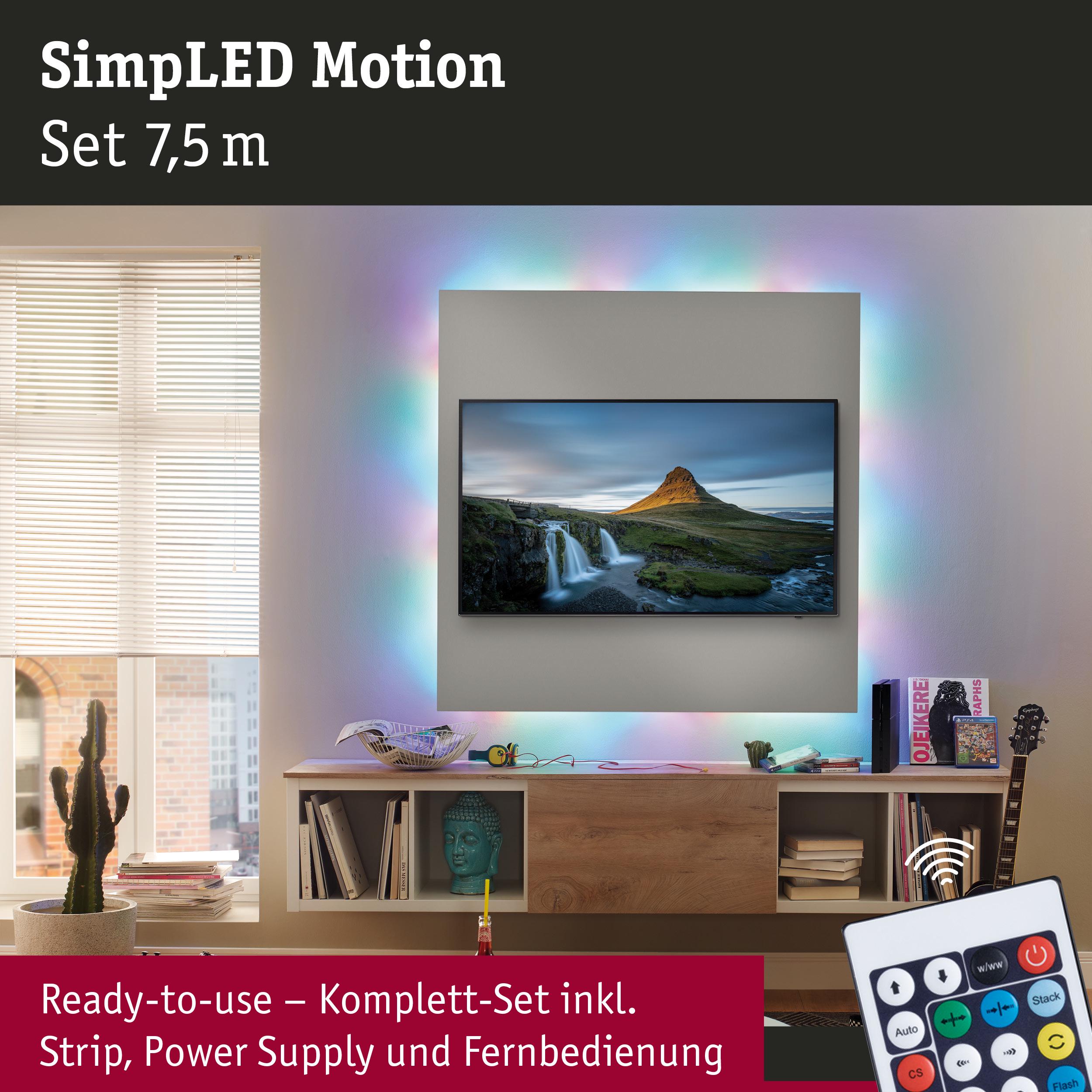 SimpLED Motion LED-Lichtstreifen 7,5 m mit Fernbedienung hinter TV für stimmungsvolle Raumbeleuchtung