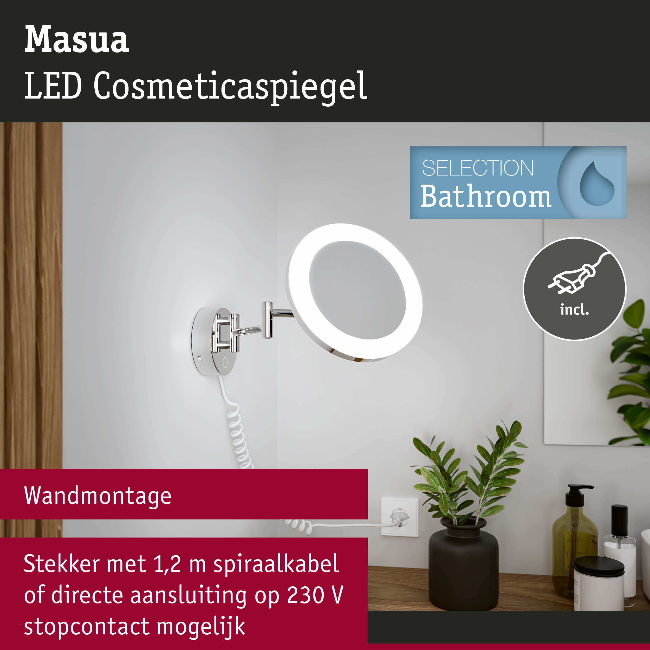 Masua LED cosmeticaspiegel met wandmontage en 1,2 m spiraalkabel voor badkamerverlichting