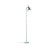 Floor reading lamp in matte mint green metal with wooden accent and round base for living room.