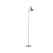 Standing reading lamp in matte mint metal with wooden detail and round base for home lighting