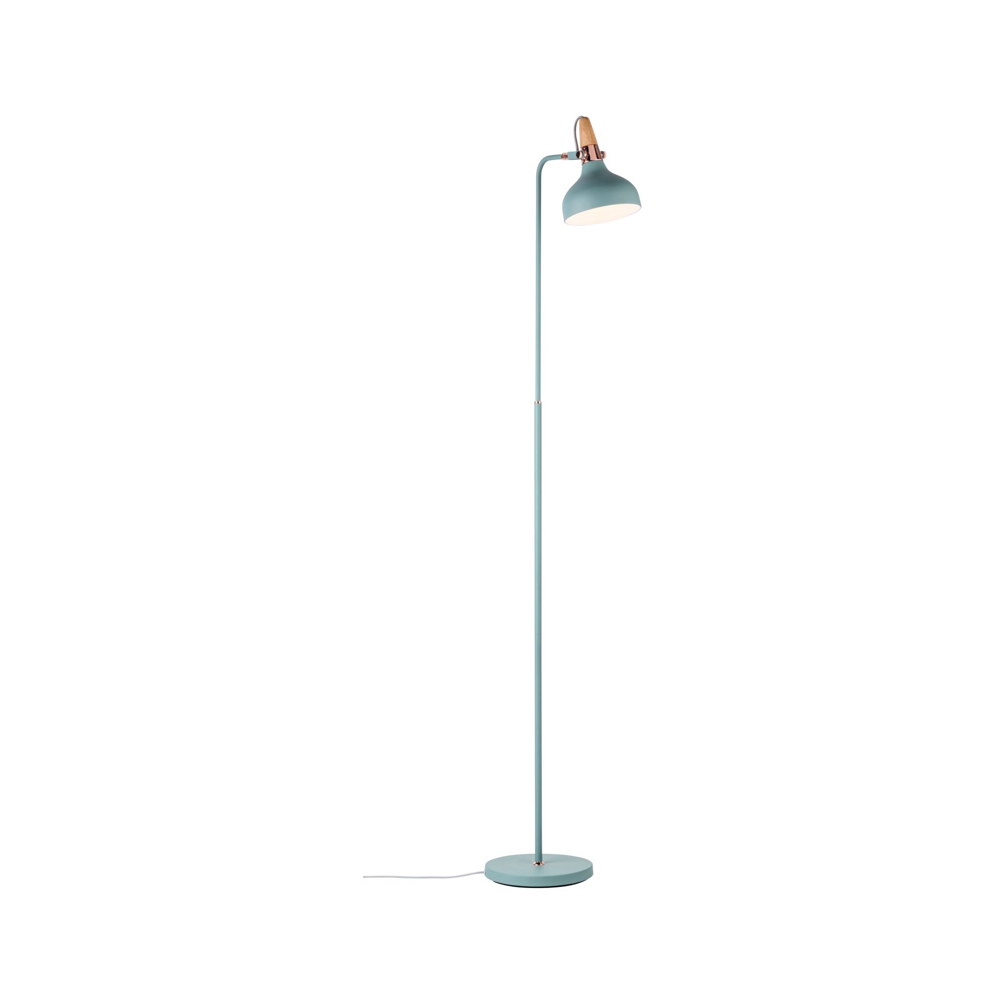 Stojąca lampa do czytania z metalu w matowej mięcie z drewnianym akcentem i okrągłą podstawą