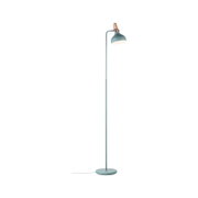 Stojąca lampa do czytania z metalu w matowej mięcie z drewnianym akcentem i okrągłą podstawą