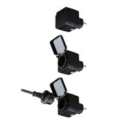Black plastic power socket adapter with hinged cover and safety contact for secure electrical connection.