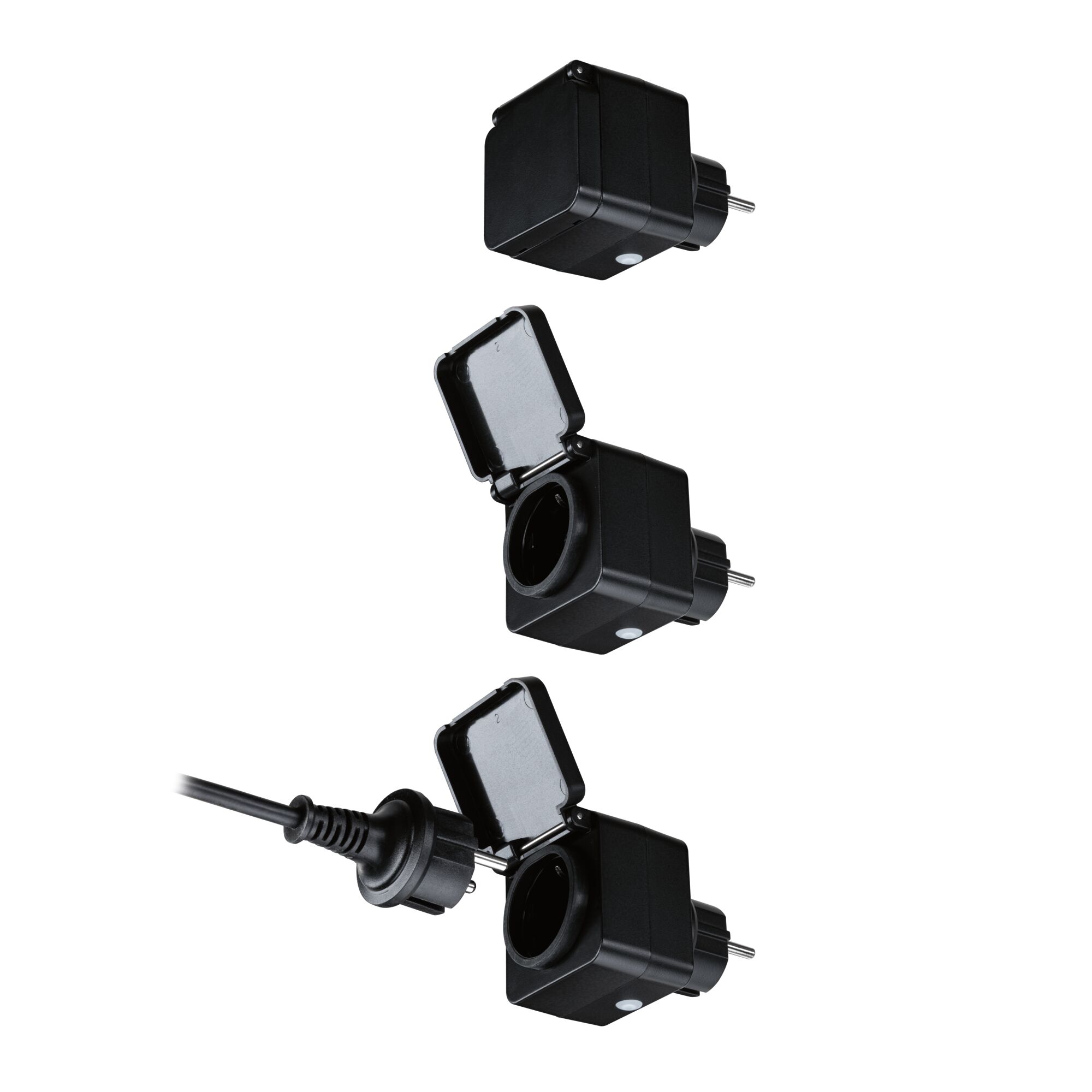 Black plastic power socket adapter with hinged cover and safety contact for secure electrical connection.