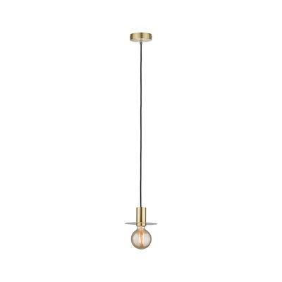 Modern brass pendant light with black cord and visible bulb for stylish room lighting and interior design