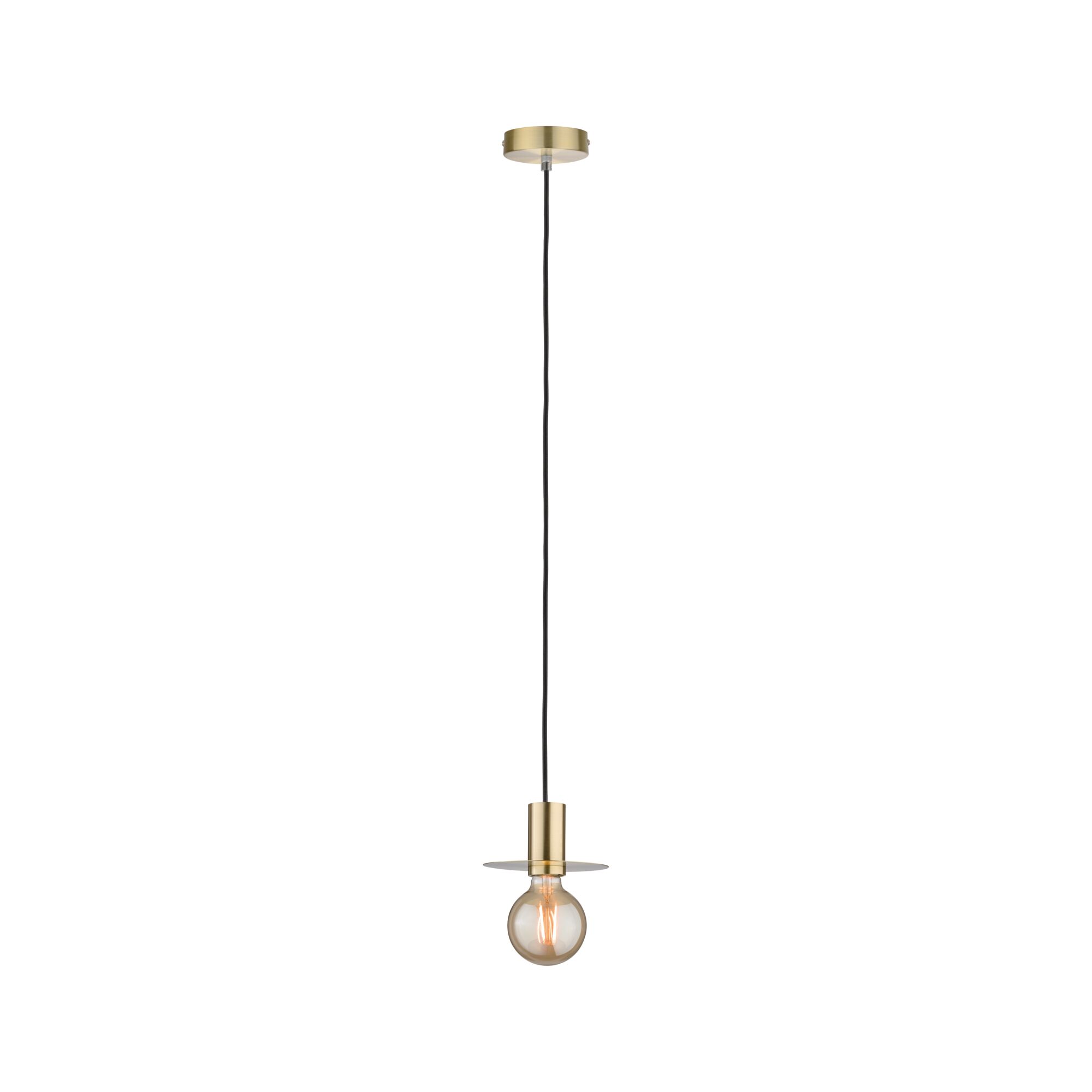 Modern brass pendant light with black cord and visible bulb for stylish room lighting and interior design