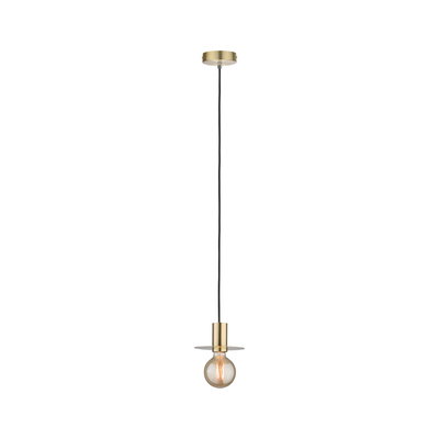 Modern brass pendant light with black cord and visible bulb for stylish room lighting and interior design