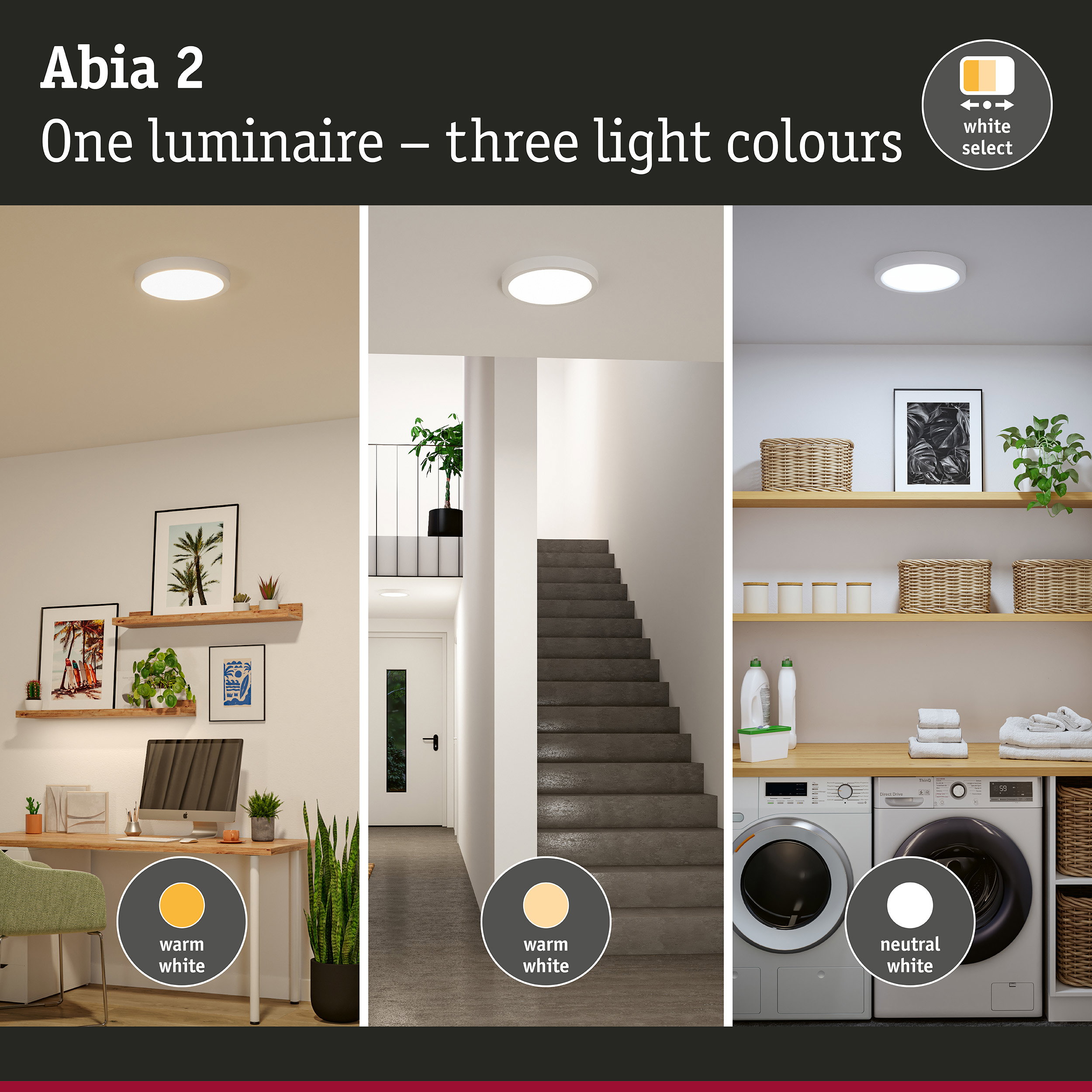 Abia 2 ceiling light with three selectable colours warm white, neutral white, and daylight for rooms